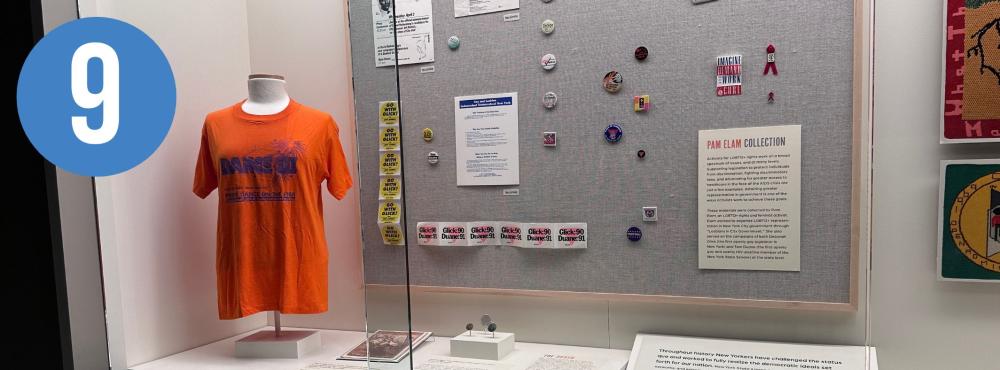 Gallery View of Political LGBTQ items including a tshirt, buttons, and posters