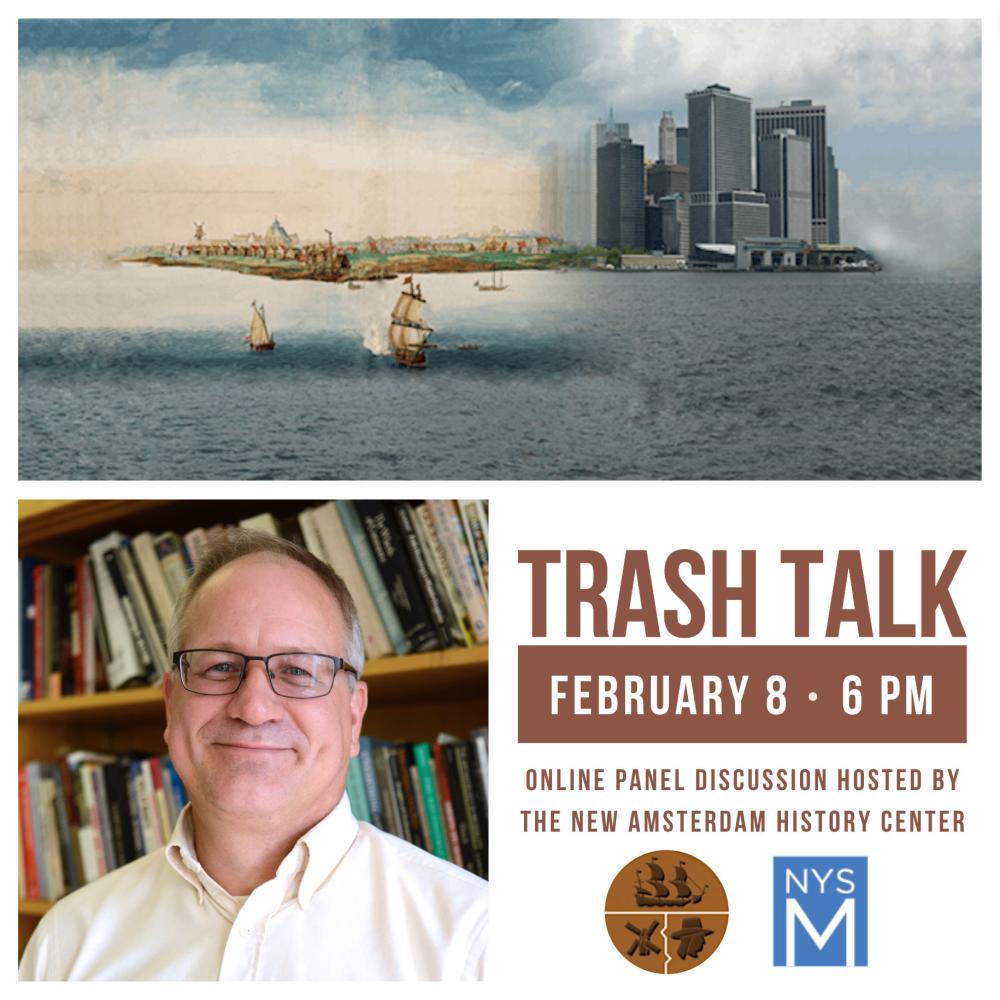 Trash Talk title graphic with painting of old Manhattan juxtaposed with skyscrapers over a photo of Michael Lucas