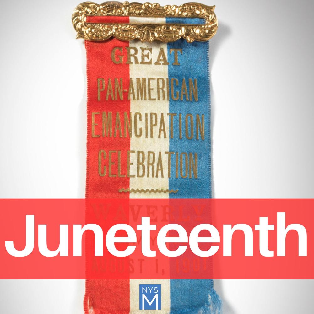 Juneteenth text over a red, white, and blue ribbon with a gold clasp at the top