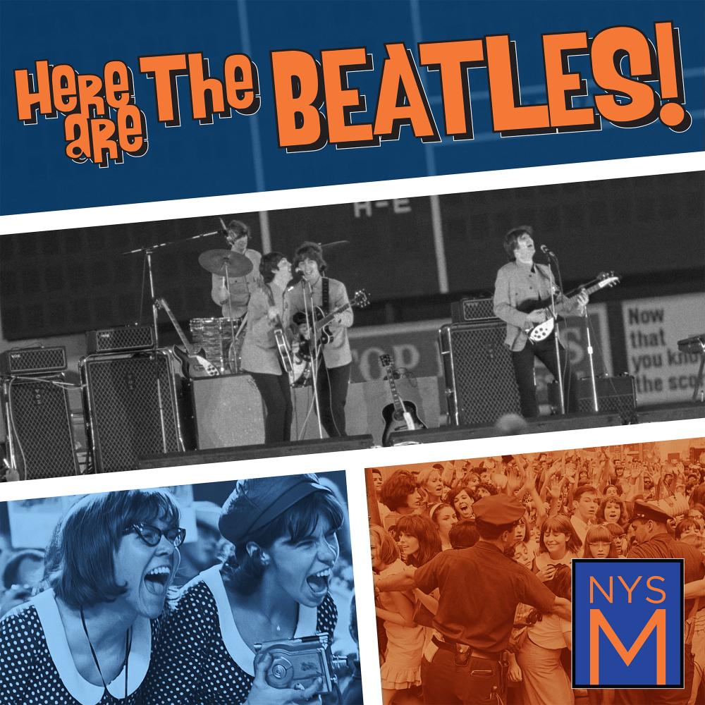 Here Are the Beatles title over collage of images, including the Beatles on stage and images of screaming fans