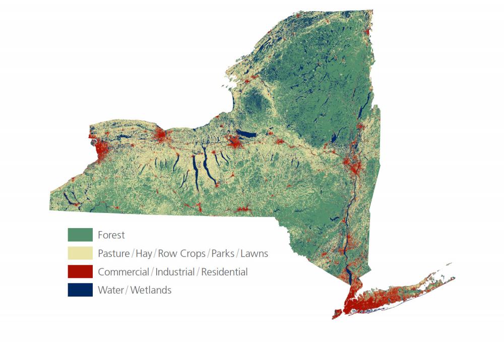 Field and Shrublands Habitat Map - Green: Forest, Yellow: Pasture/Hay/Row Crops/Parks/Lawns, Red: Commercial/Industrial/Residential, Blue: Water/Wetlands