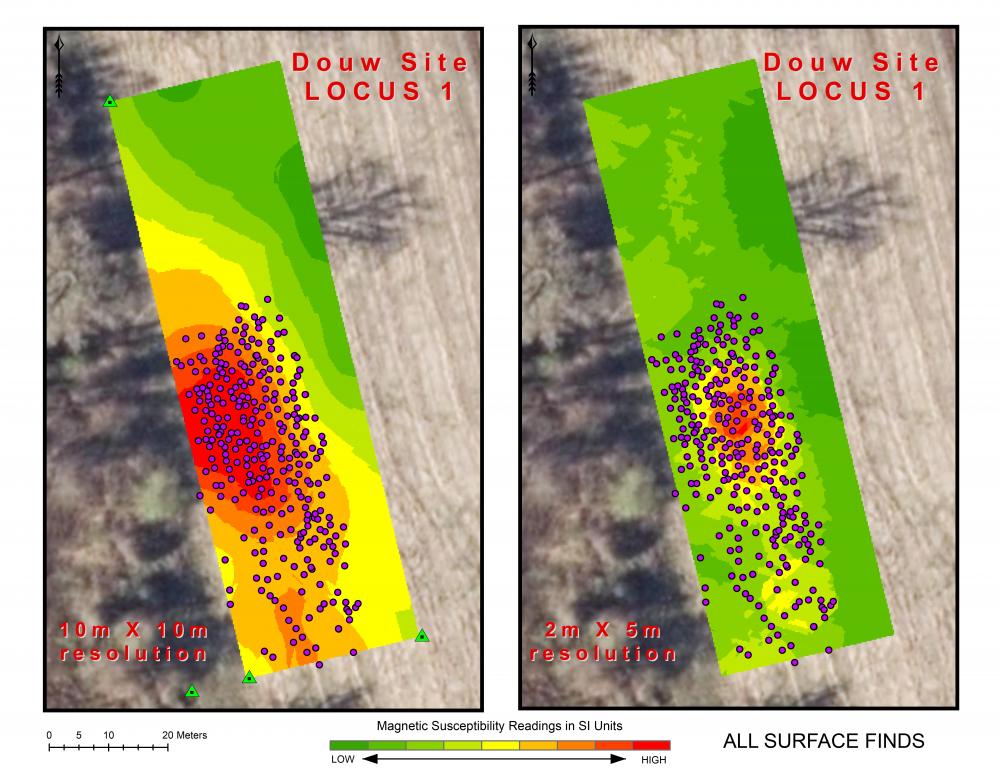 Magnetic susceptibility results overlaid with surface artifact locations show a strong correlation between finds and MS "hot spots"
