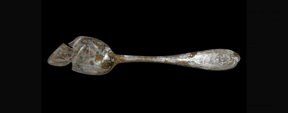 Silver spoon from the Powell Farmstead with Hannah Elizabeth Powell’s (nee Kilbourne) initials.