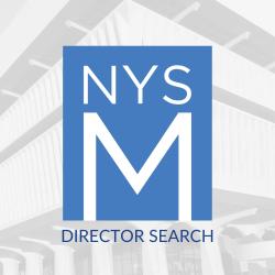 The Museum logo with the words director search below it. the background is a faded image of the facade of the cultural education center