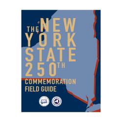 Title graphics over a blue outline of New York State 
