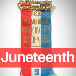 Juneteenth text over a red, white, and blue ribbon with a gold clasp at the top