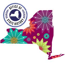 Office of State History logo and NY State with abstract floral patterns
