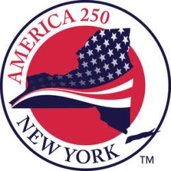 America 250 New York Logo with NY State and American Flag motif