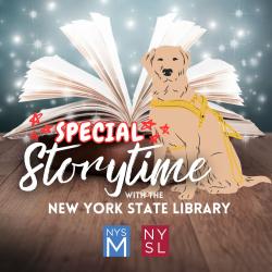 Special Storytime graphic with a Guide Dog seated in front of an open book 