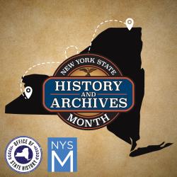 New York State History and Archives Month Logo over a silhouette of NY