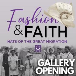 Fashion & Faith title text over black/white photograph of an African American family standing in front of a vehicle packed with luggage and belongings