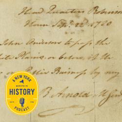 Cursive handwriting on an aged piece of paper with Benedict Arnold's signature clearly visible at the bottom. New York History Minute Logo at bottom left.