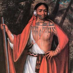 Painting depicting a Haudenosaunee leader wearing a white robe and red shawl with his chest exposed showing large tattoos. 