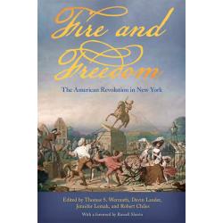 Fire and Freedom title text in cursive over a depiction of a crowd of men and women in 18th-century attire toppling a statue of a man riding a horse