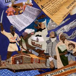 Embroidered illustration depicting a moment in history when American slaves who fought for the British Army went to court to demand the freedom they were promised in exchange for their service. Other imagery includes court documents, a small village, and the words "Nova Scotia Bound"