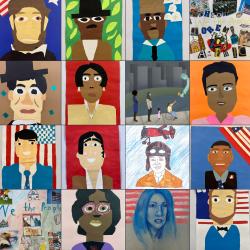 Collage of children's artwork depicting diverse faces and people from New York's history