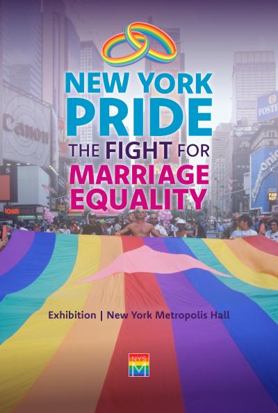 Title graphics over a photo of a pride parade and giant rainbow flag