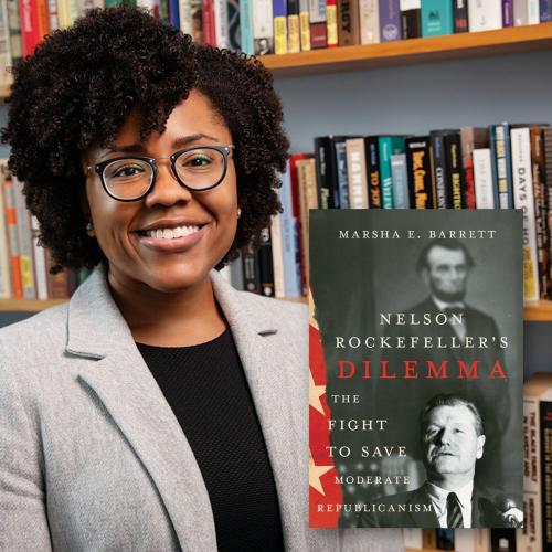 Woman with glasses stands in front of a bookcase, next to the cover page of her book