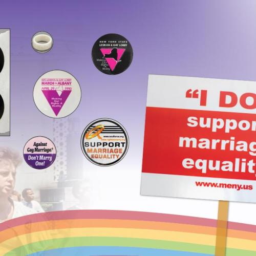 Pride ephemera including buttons, stickers, and an "I DO support marriage equality" sign
