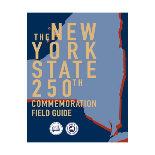 Title graphics over a blue outline of New York State 