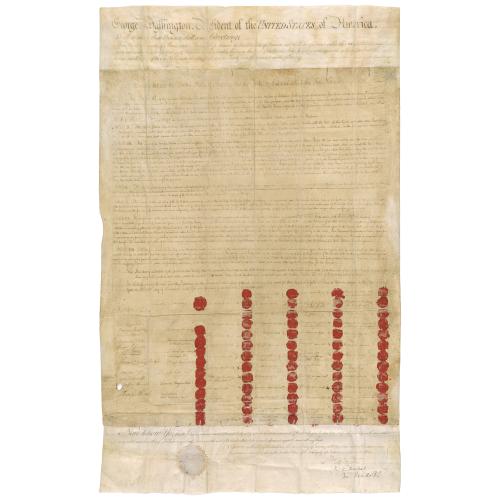 Aged, handwritten cursive document with signatures paired with red wax seals