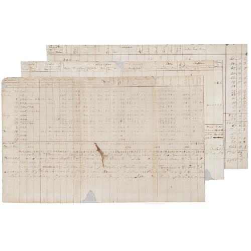 Three pages of an aged, handwritten document with itemized lists of goods and prices