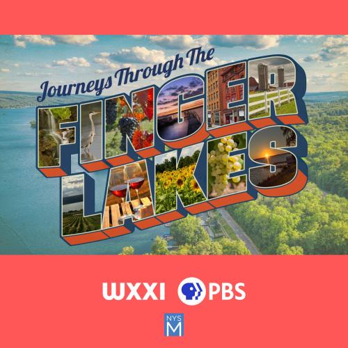 Fingerlakes graphic over a photograph of a lake and wooded area 