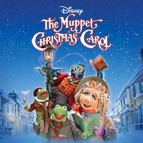 Title text The Muppet Christmas Carol with a group of muppets in a wintery street scene