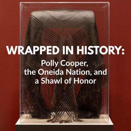title text over photo of Polly Cooper's brown shawl draped in a glass case