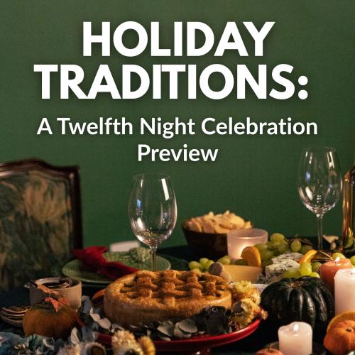 title text over photo of a table full of holiday foods: a lattice crusted meat pie, squash, cheeses.