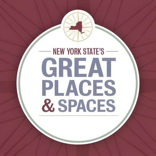 Title graphic: New York's Great Places & Spaces in a circular logo against a maroon background