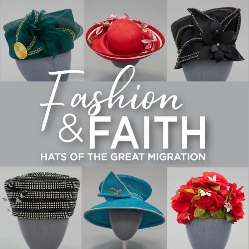 Fashion and Faith title text over collage of six photographs of a variety of church hats