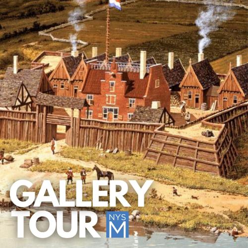 detail from historical painting depicting a fort with red building surrounded by a wooden wall