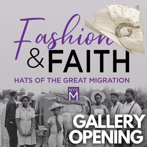 Fashion & Faith title text over black/white photograph of an African American family standing in front of a vehicle packed with luggage and belongings