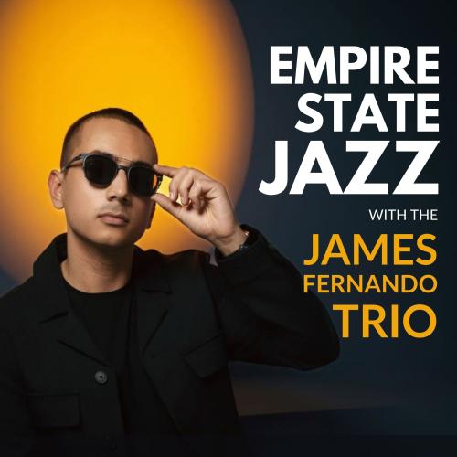 Empire State Jazz title text over photograph of young man wearing sunglasses in front of a golden background