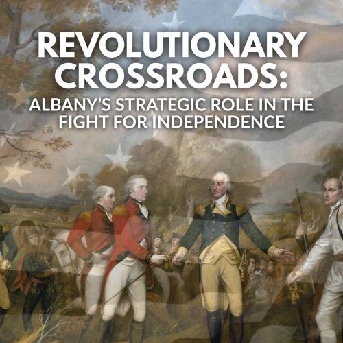 Revolutionary Crossroads title text over painting of surrender at battle of saratoga and revolutionary war flag 