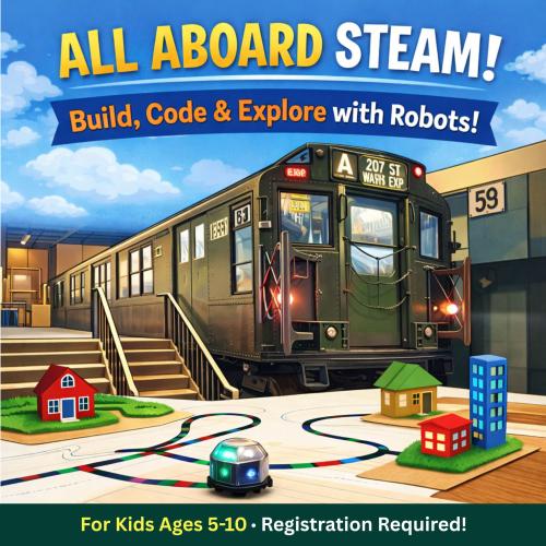 All Aboard Steam title text over illustration of the A train with a small robot following tracks through a toy town in the foreground