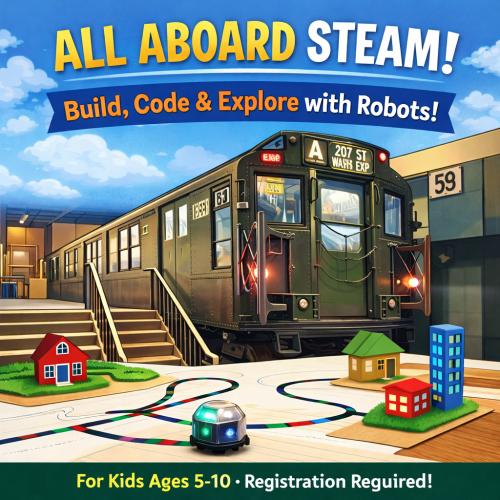 All Aboard Steam title text over illustration of the A train with a robot and small toy buildings in the foreground