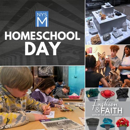 Homeschool Day title with collage of images showing children drawing and interacting with Museum resources
