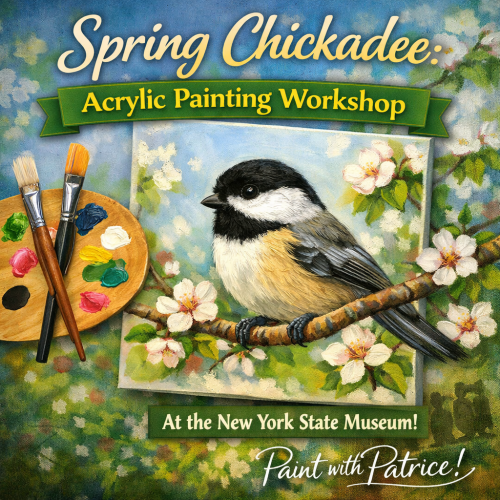 Drawing of a chickadee next to a paint pallet over a floral background 