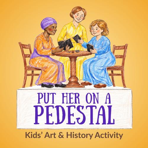 drawing of three women around a table sharing books