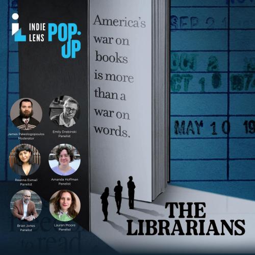 The Librarians title text over background of tall open book and photos of the six presenters