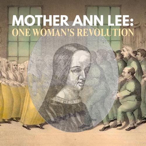 etching of a woman with long black hair superimposed over a print of shaker women on the left and shaker men on the right performing a dance