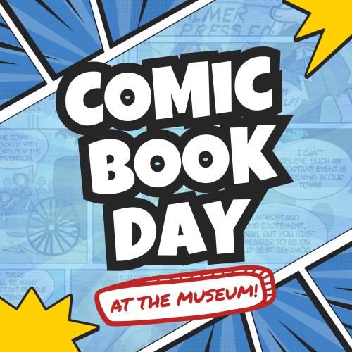 Comic Book Day title text over a comic-book-themed background