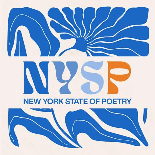NYSP New York State of Poetry over abstract blue floral print