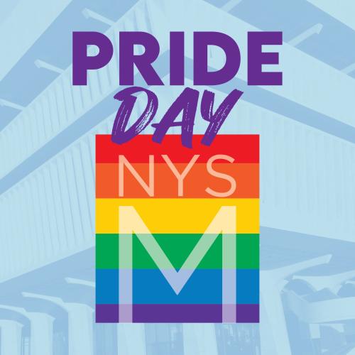 Pride Day graphic over a faded image of the New York State Museum