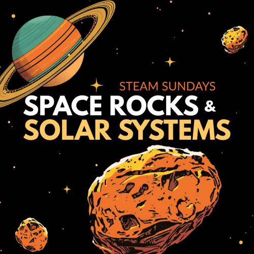Title graphics over a graphic of a ringed planet and three asteroid-like rocks