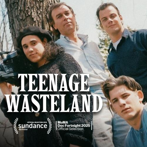 Teenage Wasteland titles over group photo of a woman holding a video camera next to three men 