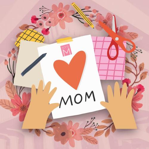 two cartoon hands holding a card with a heart and the word "Mom" on it over a colorful floral wreath 