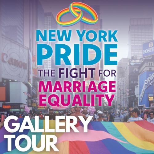 Title text over an image from a NYC Gay Pride Parade with marchers carrying a large rainbow flag with a pink triangle